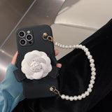 Camellia Pearl Bracelet Chain Liquid Silicone Case For iPhone 14 13 12 series