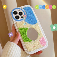 Mirror Cute Love Heart Embroidery Flower Fluffy Soft Case for iPhone 14 13 12 series