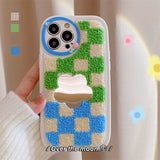 Mirror Cute Love Heart Embroidery Flower Fluffy Soft Case for iPhone 14 13 12 series