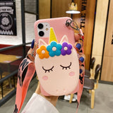 Cartoon Silicone Cat Unicorn Flower Case with Strap For iPhone 12 11 Series