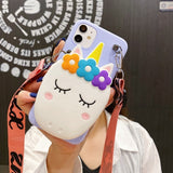 Cartoon Silicone Cat Unicorn Flower Case with Strap For iPhone 12 11 Series