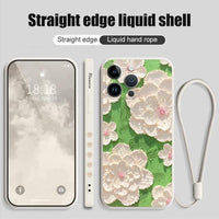 Luxury Oil Painting Flower Silicone Case With Lanyard For iPhone 14 13 12 series