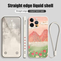 Luxury Oil Painting Flower Silicone Case With Lanyard For iPhone 14 13 12 series