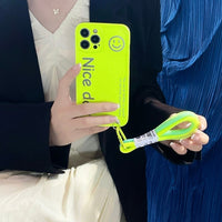 Smiley Fluorescence Lanyard Silicone Case for iPhone 14 13 12 series