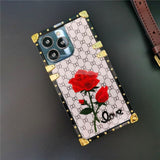 Luxury Mirror Face Plaid Red Rose Flower Case For iPhone 14 13 12 series