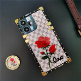 Luxury Mirror Face Plaid Red Rose Flower Case For iPhone 14 13 12 series