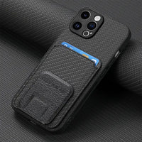 Carbon Fiber Leather Wallet Card Holder Case With Folding Bracket for iPhone 15 14 13 12 series