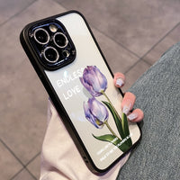 Transparent Tulip Flower Camera Film Protector Hard PC Case For iPhone 14 13 12 series