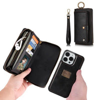 Zipper Cards Slot Business Leather Wallet Case With Ring Holder And Wristband For iPhone 15 14 13 12 series