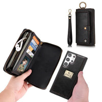 Cards Slot Leather Zipper Wallet Case With Wristband Ring Holder For Samsung S23 S22 S21 Ultra Plus