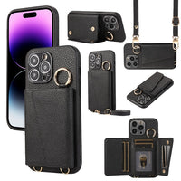 Crossbody Leather Wallet Card Slots Lanyard Strap Mirror Ring Holder Case for iPhone 14 13 12 series