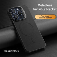 Luxury Leather Magsafe Wireless Charging Shockproof Camera Protection Bracket Soft Case For iPhone 15 14 13 series