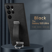 Luxury Leather Case With Portable Wristband Hand Strap Kickstand Metal Ring For Samsung Galaxy S23 S22 Ultra Plus