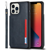 Flip Leather Wallet Credit Card Holder Case With Strap for iPhone 14 13 12 series
