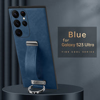 Luxury Leather Case With Portable Wristband Hand Strap Kickstand Metal Ring For Samsung Galaxy S23 S22 Ultra Plus