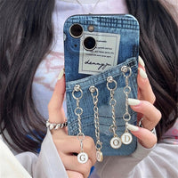 Denim Blue Letter Tassel Pendant Shockproof Girl Soft Silicone Case For iPhone 14 13 12 series