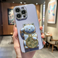 Cute 3D Lucky Cat Folding Bracket Soft Electroplated Case For iPhone 14 13 12 series