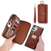 Cards Slot Leather Zipper Wallet Case With Wristband Ring Holder For Samsung S23 S22 S21 Ultra Plus