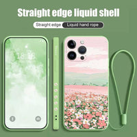 Luxury Oil Painting Flower Silicone Case With Lanyard For iPhone 14 13 12 series