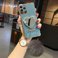 Plating Love Heart Mirror Fur Ball Glitter Case for iPhone 13 12 11 Pro Max