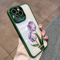 Transparent Tulip Flower Camera Film Protector Hard PC Case For iPhone 14 13 12 series