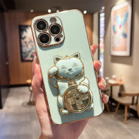 Cute 3D Lucky Cat Folding Bracket Soft Electroplated Case For iPhone 14 13 12 series