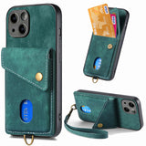 Vintage Cards Slot Bag Wallet Leather Case With Strap and KickStand For iPhone 15 14 13 12 series