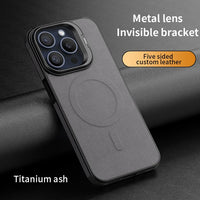 Luxury Leather Magsafe Wireless Charging Shockproof Camera Protection Bracket Soft Case For iPhone 15 14 13 series