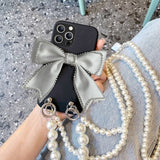 Pearl Necklace Cloth Bow Bling Diamond Case Cover For iPhone 14 13 12 series