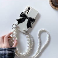 Pearl Necklace Cloth Bow Bling Diamond Case Cover For iPhone 14 13 12 series