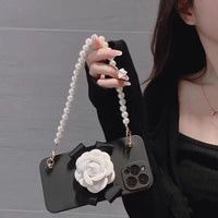 Camellia Pearl Bracelet Chain Liquid Silicone Case For iPhone 14 13 12 series