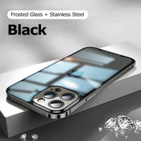 Luxury Stainless Steel Frame Lens Protection Transparent Matte Glass Back Case For iPhone 13 12 Pro Max