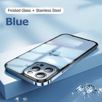 Luxury Stainless Steel Frame Lens Protection Transparent Matte Glass Back Case For iPhone 13 12 Pro Max
