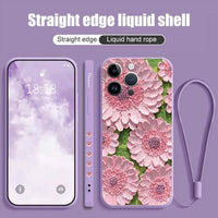 Luxury Oil Painting Flower Silicone Case With Lanyard For iPhone 14 13 12 series