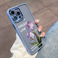 Transparent Tulip Flower Camera Film Protector Hard PC Case For iPhone 14 13 12 series