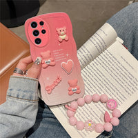 3D Bear Gradient Case With Wrist Strap Chain For Samsung Galaxy S23 S22 S21 series