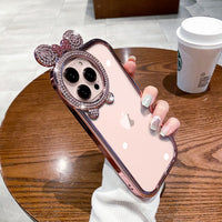 Glitter Diamond Bear Stand Holder Transparent Plating Silicone Case for iPhone 14 13 12 series