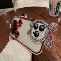 Glitter Diamond Bear Stand Holder Transparent Plating Silicone Case for iPhone 14 13 12 series