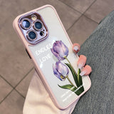Transparent Tulip Flower Camera Film Protector Hard PC Case For iPhone 14 13 12 series