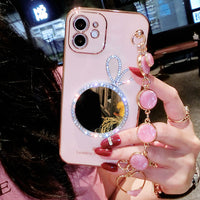 Luxury Plating Diamond Round Mirror Bracelet Case for iPhone 13 12 11 Pro Max