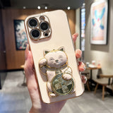 Cute 3D Lucky Cat Folding Bracket Soft Electroplated Case For iPhone 14 13 12 series