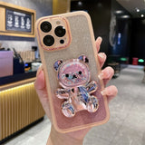 Cute 3D Bear Colored Bead Glitter Stand Holder Soft Case For iPhone 14 13 12 series