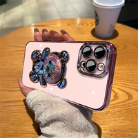 Luxury Square Plating Soft Silicone Case With Transparent Cute Bear Holder Bracket For iPhone 14 13 12 series
