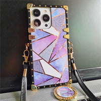 Fashion Glitter Diamond Square Lanyard Geometric Splicing Case for iPhone 14 13 12 series