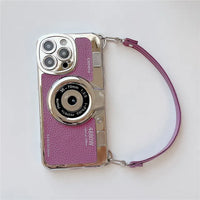 3D Luxury Camera With Hand Strap Leather Pattern Case for iPhone 15 14 13 12 series