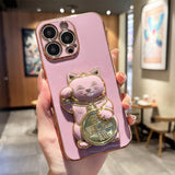 Cute 3D Lucky Cat Folding Bracket Soft Electroplated Case For iPhone 14 13 12 series