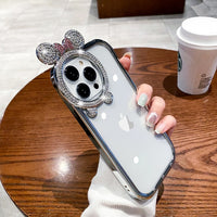 Glitter Diamond Bear Stand Holder Transparent Plating Silicone Case for iPhone 14 13 12 series