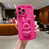 Rabbit Stand Silicone Wave Edge Candy Color Soft Case For iPhone 15 14 13 12 series