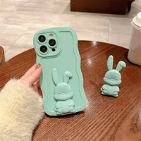 Rabbit Stand Silicone Wave Edge Candy Color Soft Case For iPhone 15 14 13 12 series