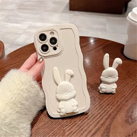 Rabbit Stand Silicone Wave Edge Candy Color Soft Case For iPhone 15 14 13 12 series